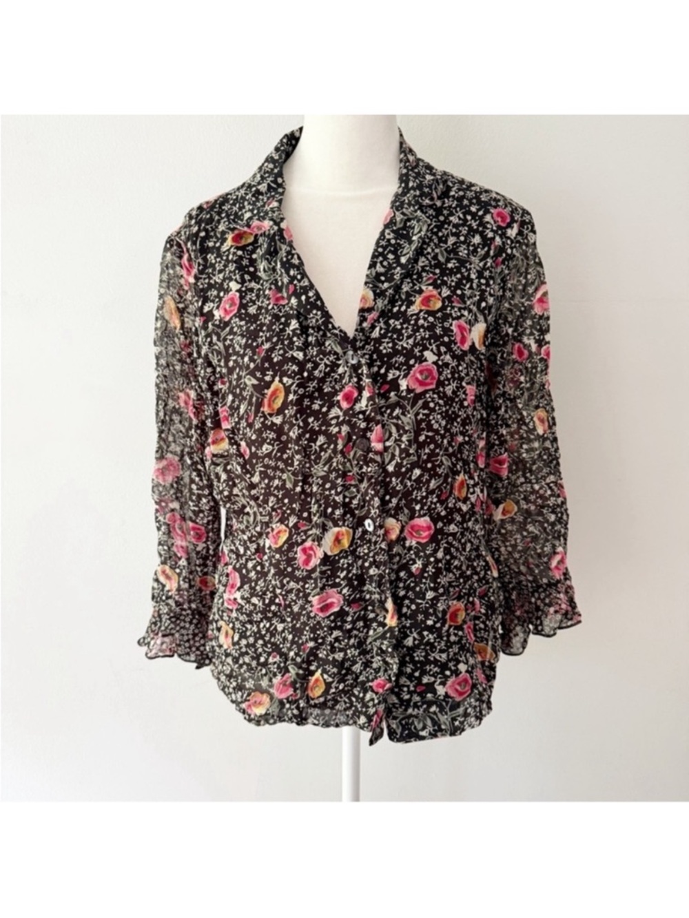 Vintage Women Y2K Sheer Ditsy Floral Button Down Bell Sleeve Top 12 Fairy Grunge